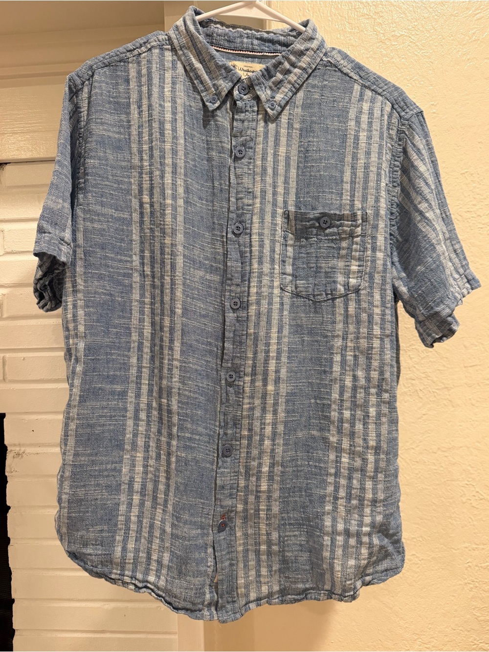 Weatherproof Blue and White Striped Short-Sleeve Button-Down Shirt Cotton Linen